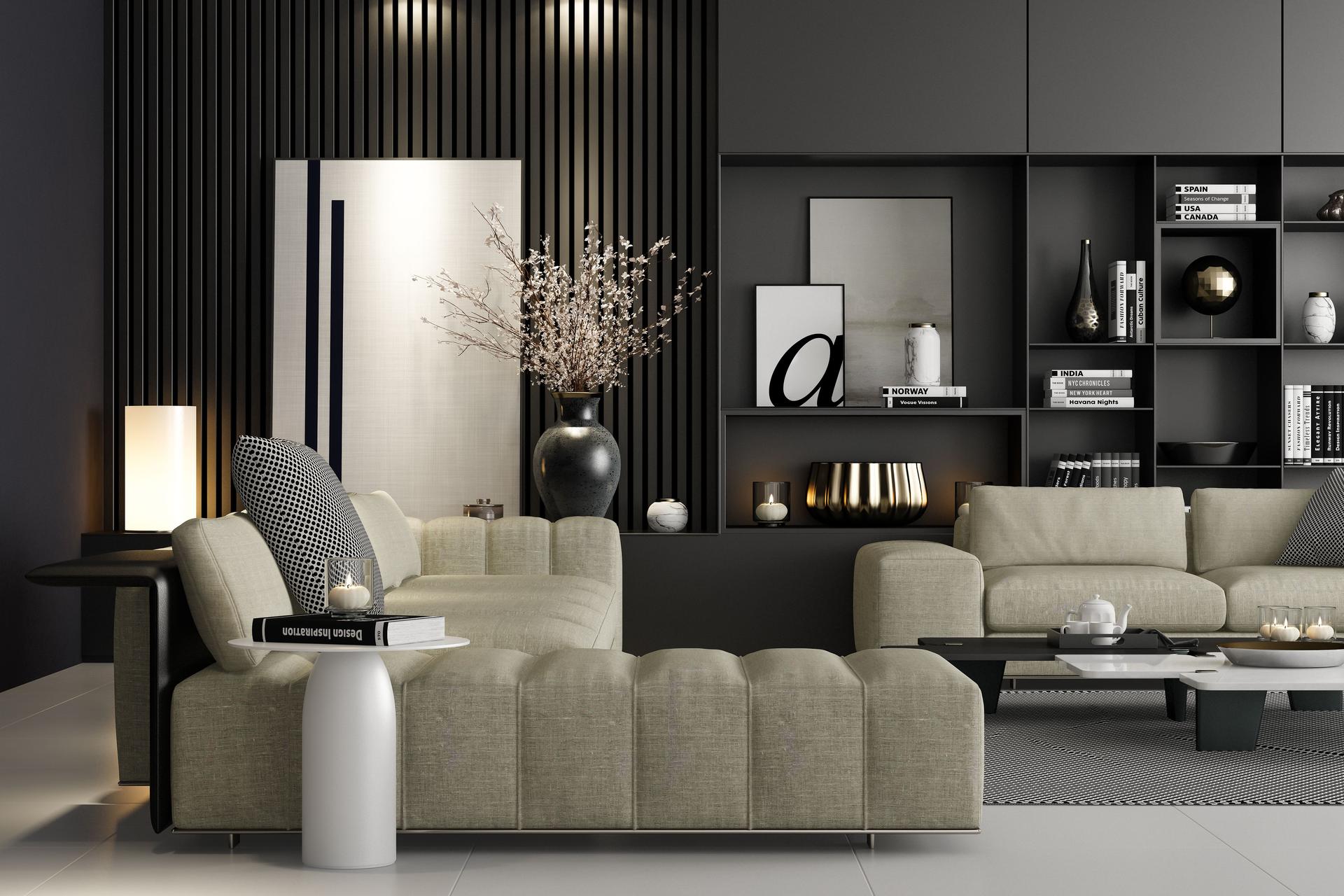 Modern Luxury Living Room with Spacious Black Matte Shelves Design